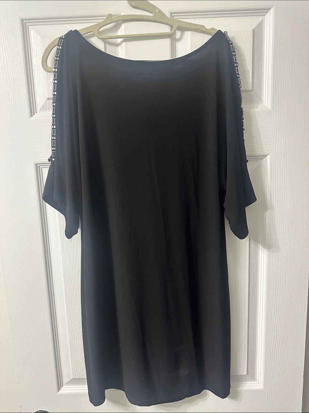 Black Cold-Shoulder Midi Dress with Embellished Straps